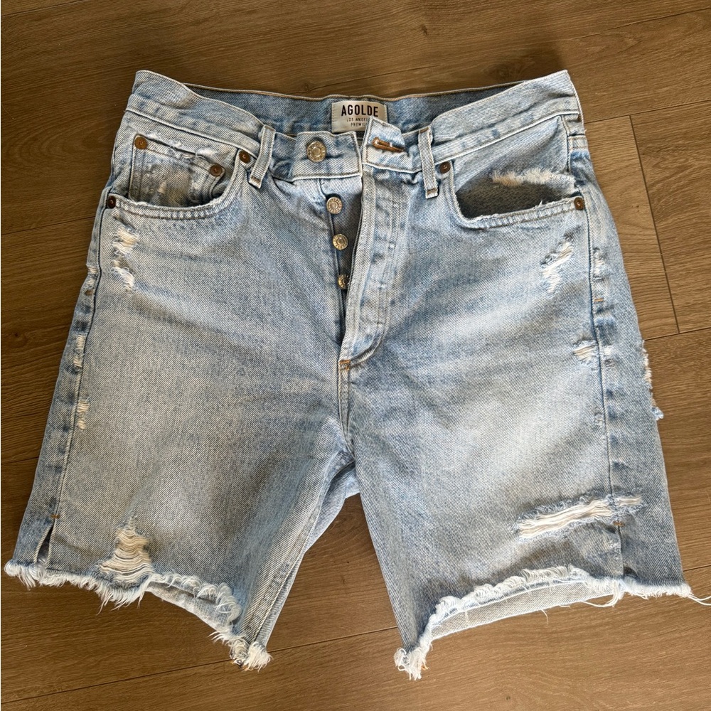 AGOLDE Light Wash Ripped Denim Shorts